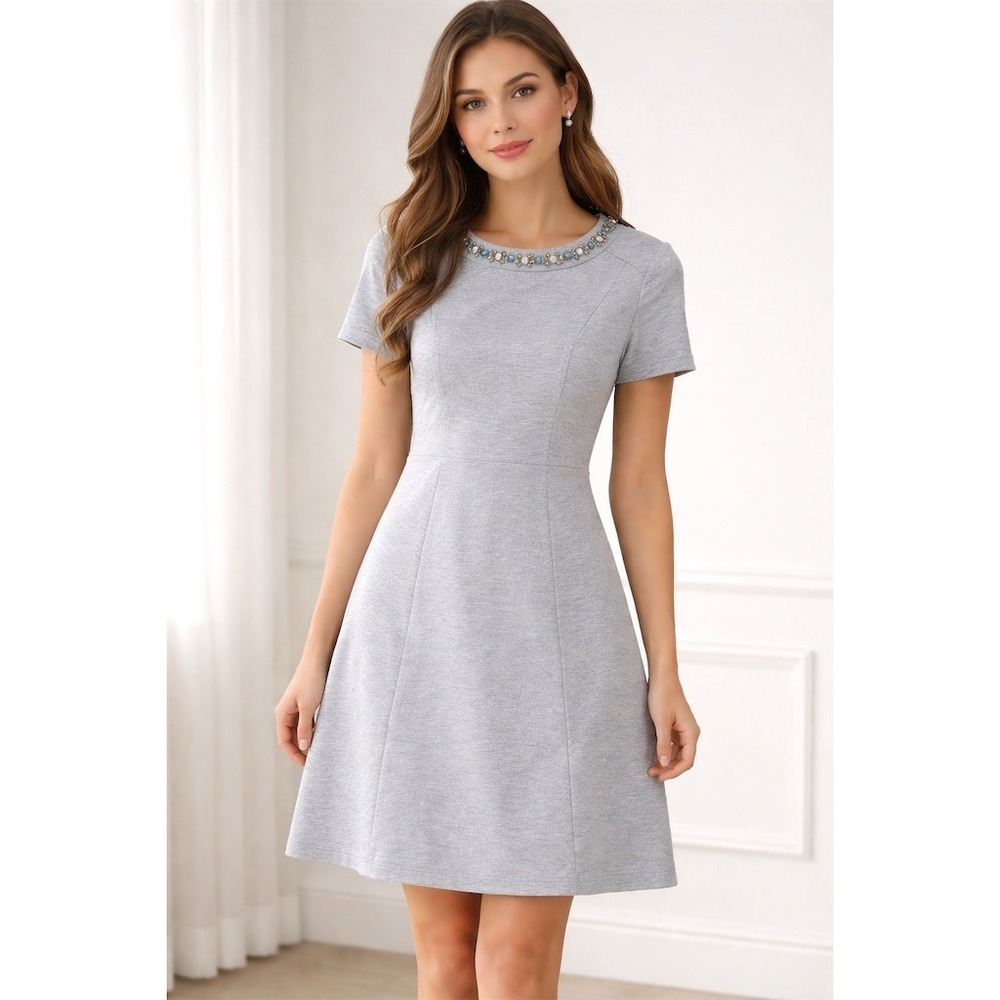 Eliza J Dress Womens 4 Gray Jeweled embellishment‎ Neck Fit & Flare Knee Length
